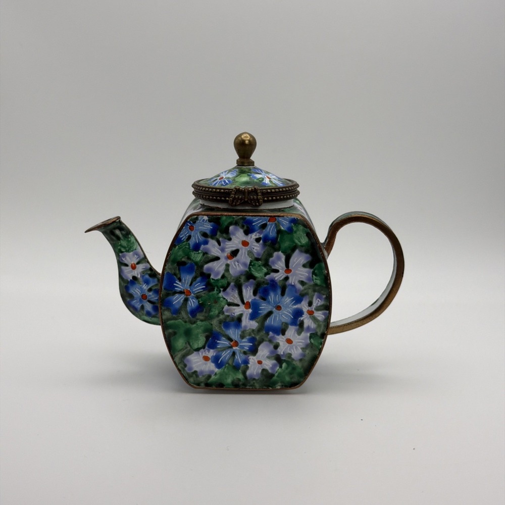 Kelvin Chen Hand-Painted Miniature Enamel Teapot Flower Garden Signed 2001 #837
